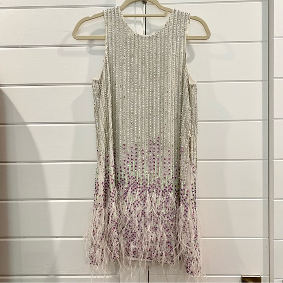 Taylor Swift Dress Allegra White Beaded & Feather Embellished Mini - Picture 3 of 8